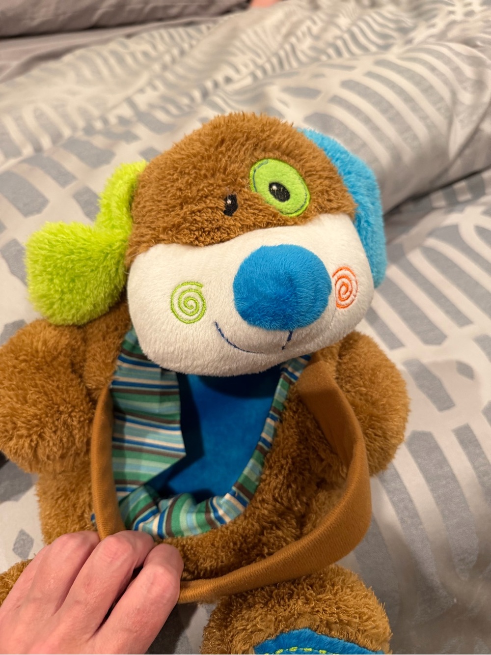 Brown Plush Puppy Puppet with Blue and Green Accents - Easter basket